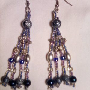 Hand Crafted  Blue/ Silver Beaded Earrings